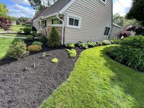 Dark mulch and maintained plants in a sunny landscape bed beside a home